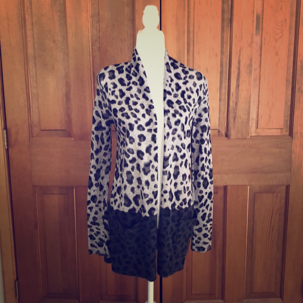 Gray Animal Print Cashmere Cardigan Sweater